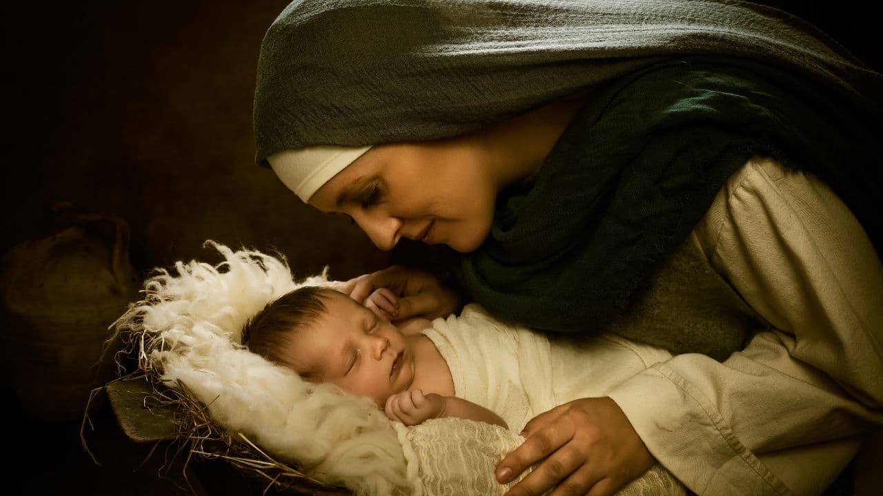 mãe, mãe de jesus, ao lado do bebê