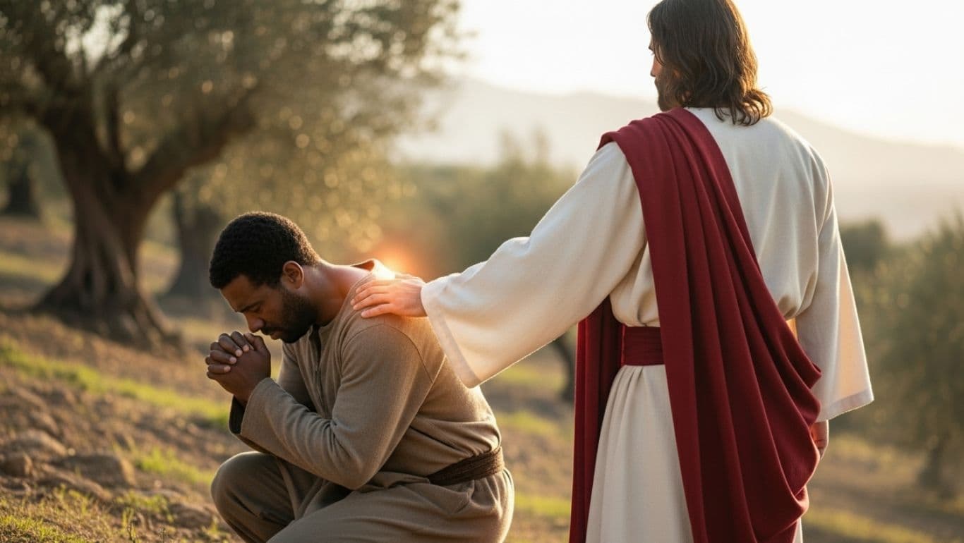 homem orando ajoelhado sendo tocado por jesus