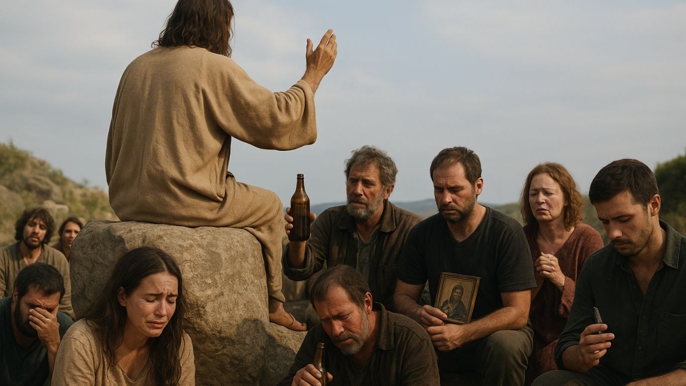 jesus em cima da pedra pregando para pecadores.
